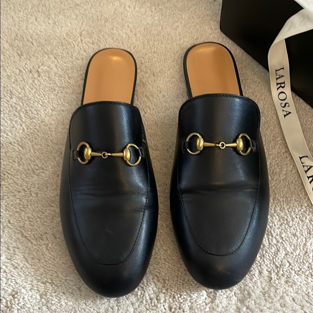 Black Leather Loafers with Gold Buckle